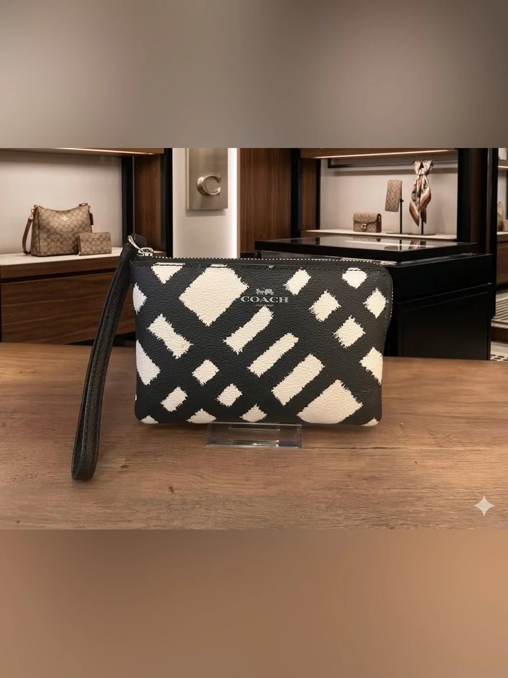 Coach Black and White Geometric Leather Wristlet